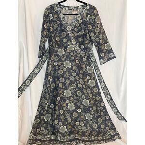 Anthropologie Isabella Bird Floral Retro Kimono Midi Dress, 100% Silk, Blue, 4